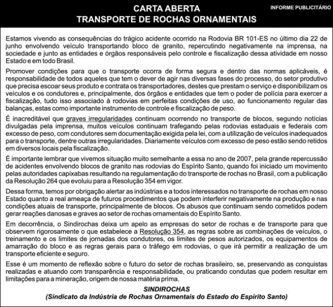 Carta aberta - Transporte de Rochas Ornamentais