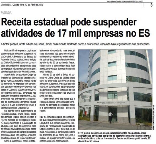 Receita Estadual pode suspender atividades em 17 mil empresas no ES