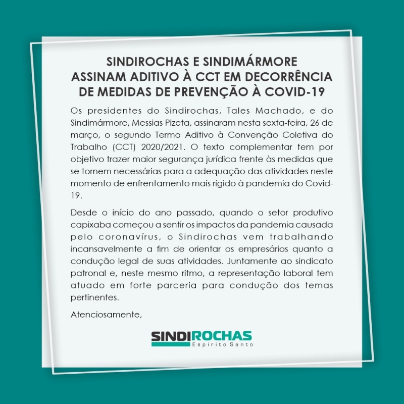Sindirochas e Sindimármore assinam aditivo à CCT em decorrência de medidas de prevenção à COVID-19